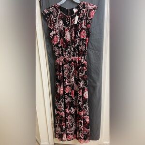NWT White House Black Market Black Maxi Dress with Pink red Paisley Print size L